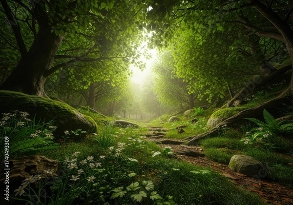 Fototapeta Enchanting forest path bathed in mystical sun rays leading forward