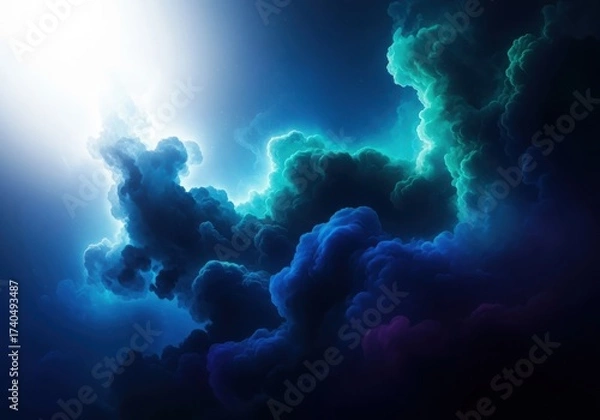 Fototapeta Ethereal blue and green nebula with bright light rays