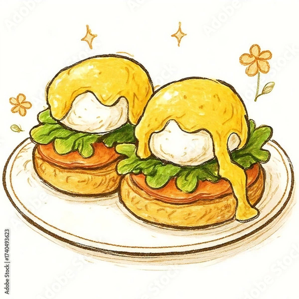 Obraz エッグベネディクトのイラスト。ポーチドエッグにたっぷりのホランデーズソースをかけ、野菜と一緒に盛り付けた朝食料理のベクターイラストレーション