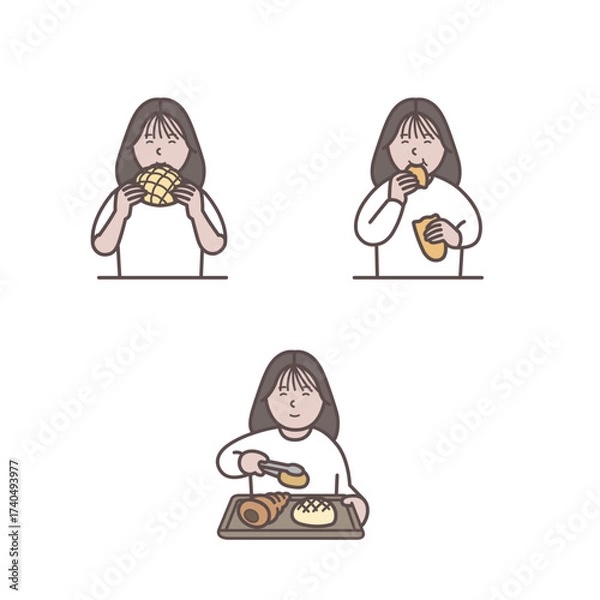Fototapeta パンを買って食べる女性のイラストセット