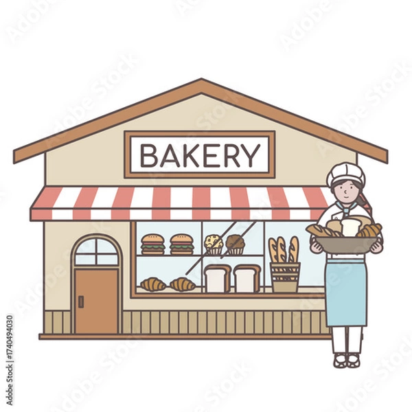 Fototapeta パン屋さんの女性店員とお店のイラスト