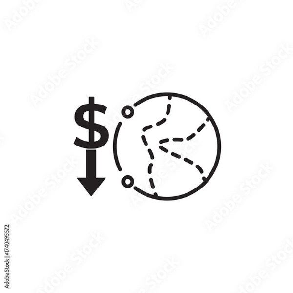 Fototapeta Editable stroke line icon of a dollar sign with a downward arrow and map path, symbolizing financial decline, market trends, or investment loss. Ideal for apps, websites, and infographics on economy.