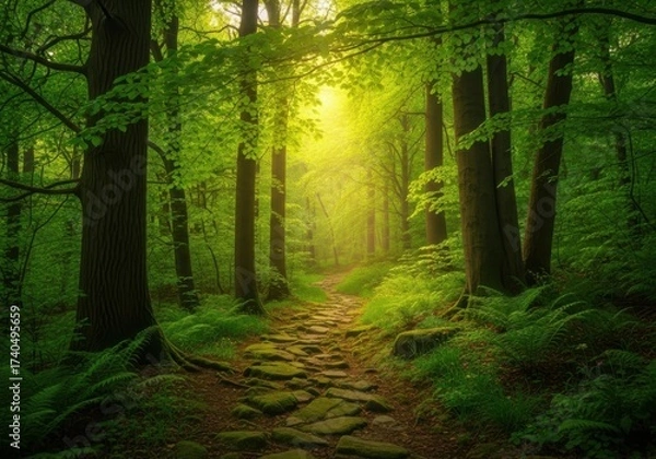 Fototapeta Enchanted forest path illuminated by golden sunlight and lush greenery