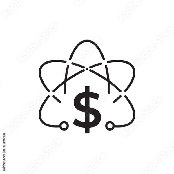 Fototapeta Editable stroke icon showing dollar sign within atomic and stethoscope elements, symbolizing financial, scientific, and medical integration for healthcare economics and tech innovation.
