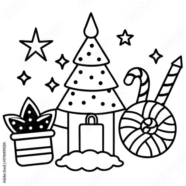 Fototapeta Minimal Holiday Game Assets Line Art Vector Illustration on White Background