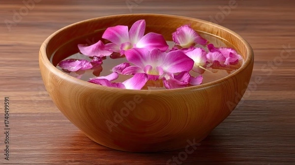 Fototapeta Serene Wooden Bowl with Floating Pink Petals on a Warm Wooden Surface for Tranquil Atmosphere