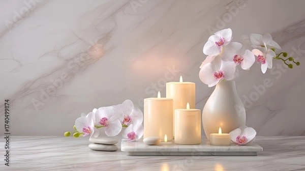 Fototapeta Elegant arrangement of white candles and orchids on a marble surface for calming and serene home décor aesthetic