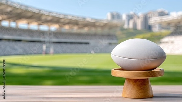 Fototapeta White Rugby Ball on Wooden Stand in Stadium Setting with Blurred Background