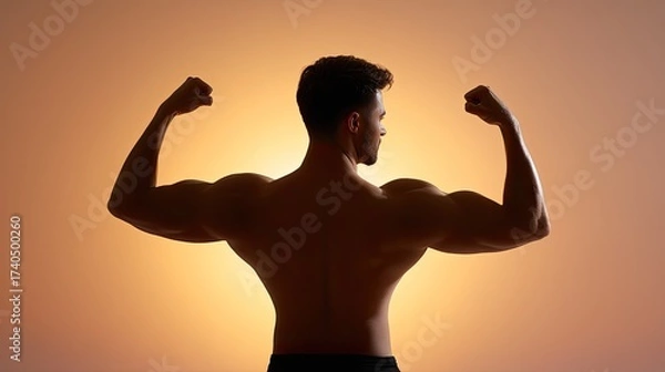 Fototapeta Strong Man Showing Muscles in Silhouette Against a Warm Gradient Background Highlighting Fitness and Strength