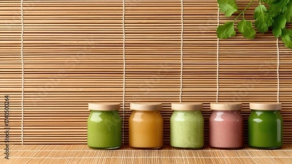 Fototapeta Assorted Healthy Smoothies in Glass Jars on Bamboo Background with Fresh Herbs