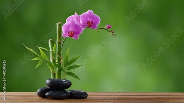Fototapeta Elegant arrangement of purple orchids and bamboo with smooth black stones on wooden surface with soothing green background