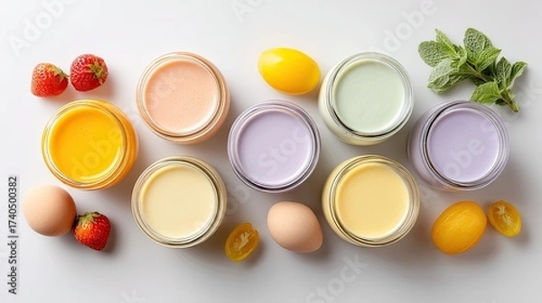 Fototapeta Colorful Arrangement of Smooth Creams and Fresh Fruits on a Light Background