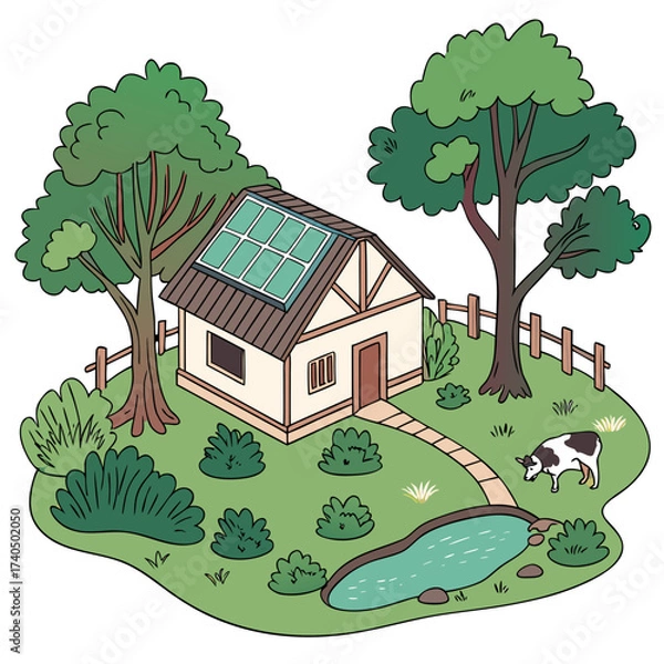Fototapeta Charming cartoon illustration of a quaint cottage with solar panels on the roof surrounded by lush greenery and a small pond