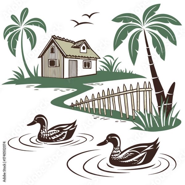 Fototapeta Charming illustration of two ducks swimming in a pond near a quaint house with palm trees and a wooden fence