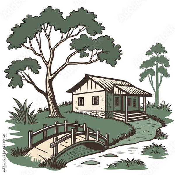 Obraz Charming rustic cottage nestled beside a gentle stream with a wooden bridge and lush trees in a serene landscape