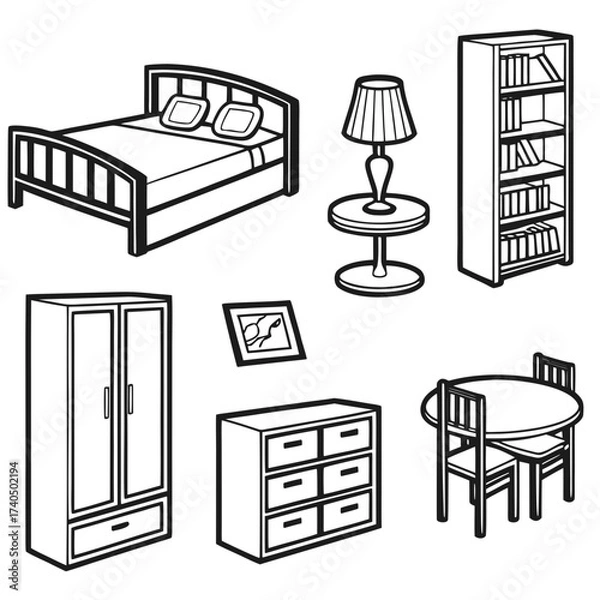 Fototapeta Collection of isolated black and white line art drawings of bedroom and living room furniture including a bed dresser wardrobe table with chairs bookshelf and lamp