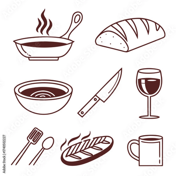 Fototapeta Collection of simple line art icons representing food and kitchen items including a steaming pan bread soup knife wine glass utensils steak and mug