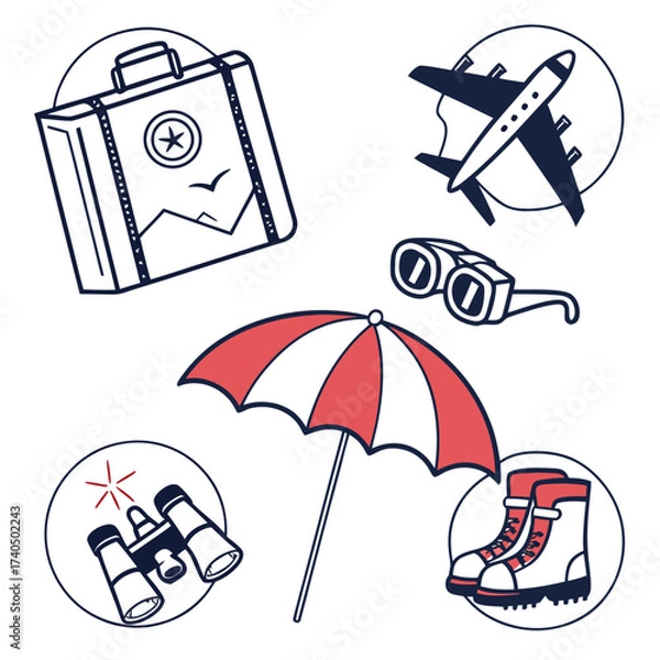 Obraz Collection of travel and adventure icons including a suitcase airplane binoculars umbrella and hiking boots for vacation planning