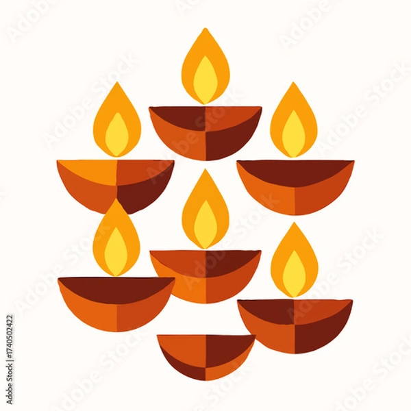 Fototapeta Vector illustration of seven glowing diyas in a circular pattern. Warm orange-brown lamps with yellow flames, festive Diwali decoration, symbolizing light, celebration, and positivity.