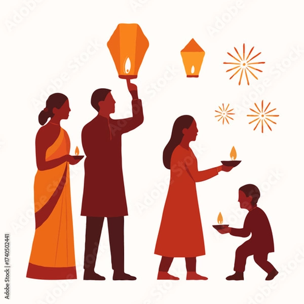 Fototapeta Vector illustration of a family celebrating Diwali with diyas, lanterns, and fireworks. Silhouetted figures in traditional attire, warm festive tones, transparent background, joyful celebration.
