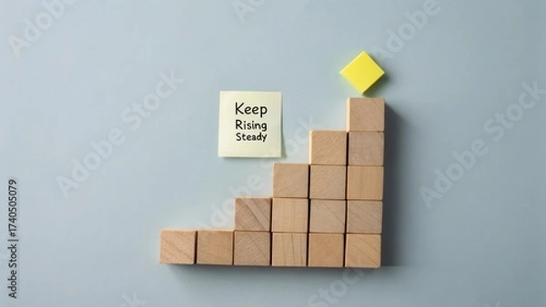 Fototapeta Wooden Blocks Forming a Growth Chart with a Sticky Note for Motivation and Encouragement to Keep Rising Steady