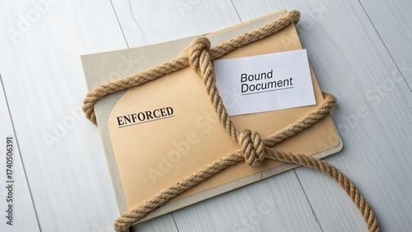 Fototapeta Stacked orange folder titled Enforced tied with rope beside a document label Bound Document on a wooden table