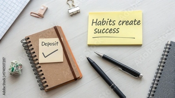 Fototapeta Inspiring productivity concept with sticky notes and stationery showcasing habits that lead to successful goals and achievements