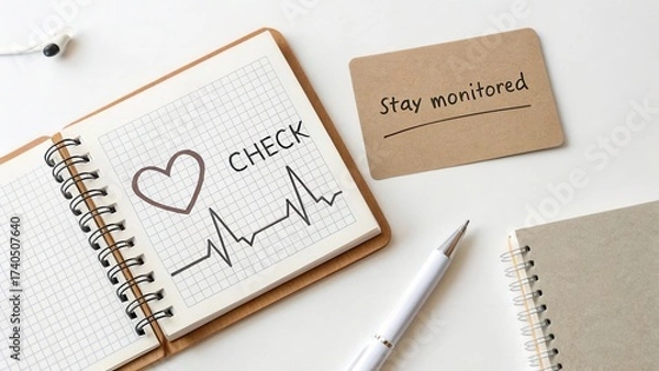 Fototapeta Heart Rate Check on Notebook with Monitor Message for Health Awareness and Wellness Strategy in Minimalist Workspace
