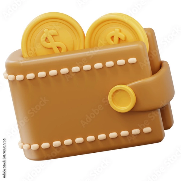 Obraz 3D Wallet with Golden Dollar Coins Icon Money Savings