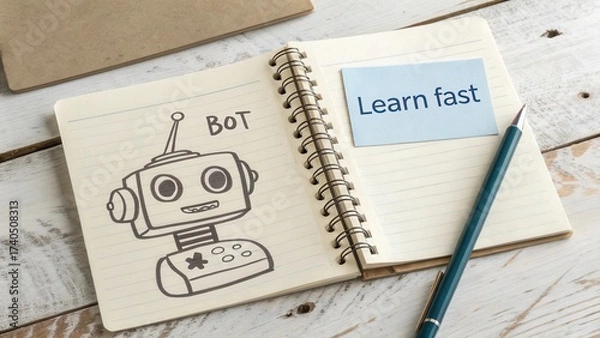 Fototapeta Robot Character Illustration in Notepad with 'Learn Fast' Note on Wooden Table Background for Education and Technology Themes