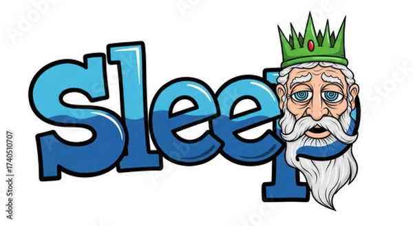 Fototapeta Cartoon Sleep Text with King Character and Green Crown.