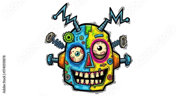 Fototapeta Colorful Cartoon Robot Head with Gears Bolts and Mismatched Eyes.