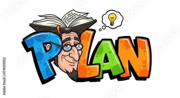 Fototapeta Cartoon PLAN Word with Thinking Man and Idea.