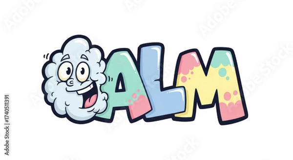 Fototapeta Cartoon CALM Word with Smiling Cloud Character.