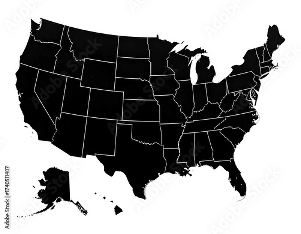 Fototapeta Monochrome outline of a country, showing its states and geographic divisions