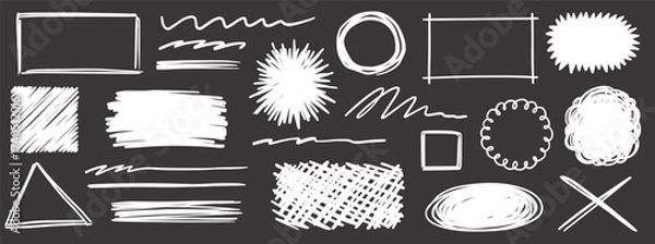 Fototapeta Pencil scribble vector frame set. Hand drawn pencil texture scribble stroke rectangle, circle frame and underline. Grunge sketch marker cloud bubble on blackboard. Vector illustration