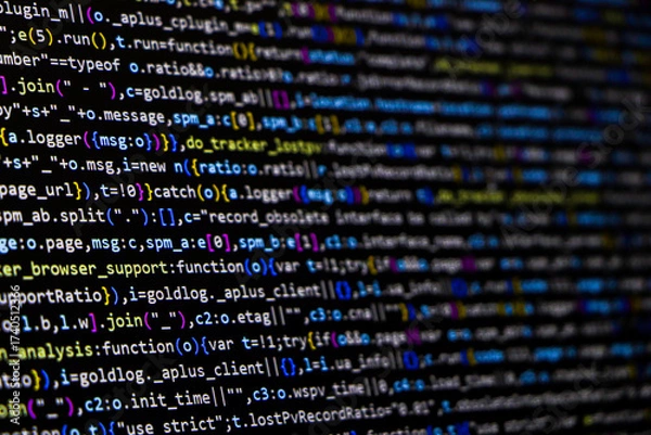 Fototapeta Software source code. Programming code. Programming code on computer screen. Developer working on program codes in office. Source code photo. Technology background