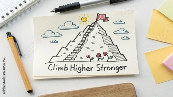 Fototapeta Inspirational drawing of mountain with stairs and sun, encouraging growth and motivation for personal development and success