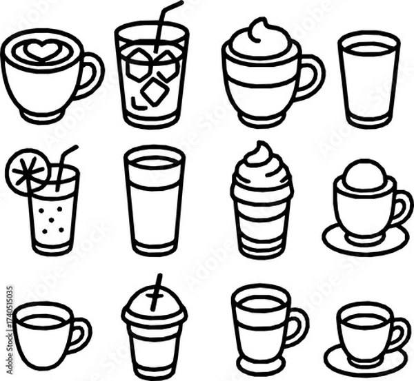Fototapeta Cafe Drinks Vector Icon Set – Minimal Monoline Style