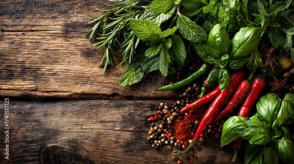 Obraz Artisanal Rustic Wooden Table Displaying a Variety of Fresh Herbs and Spices Creating a Culinary Inspiration for Home Chefs