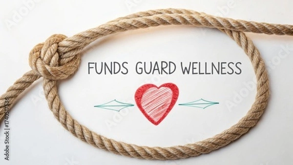 Fototapeta Rope knot symbolizing care and support with drawing of heart and text promoting wellness and financial security in life