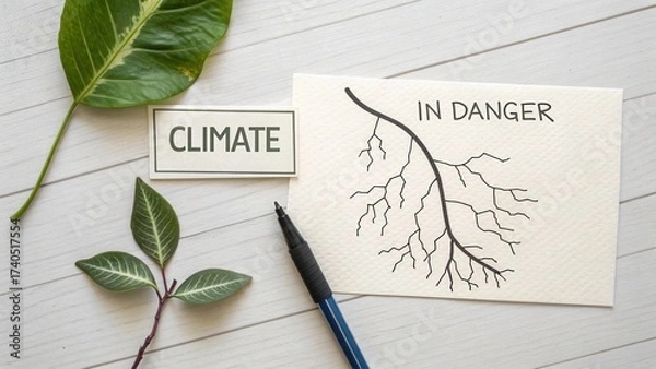 Fototapeta Climate Change Awareness Through Visual Art Featuring Illustrations of Nature and Environmental Concerns on a Workspace