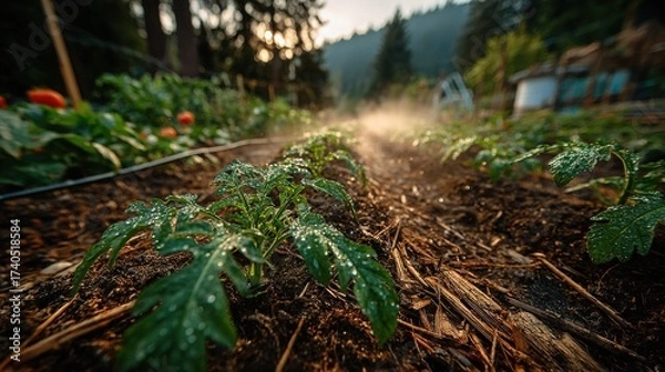 Obraz Eco-Friendly Steam Weeding Wand Releasing Gentle Vapor Across Organic Vegetable Beds Promoting Sustainable Gardening Practices