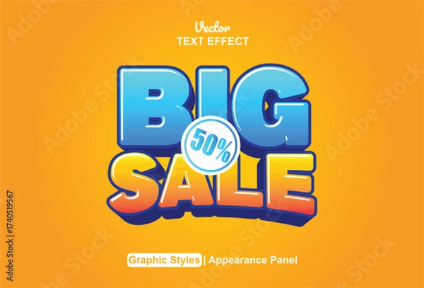 Fototapeta Big sale text effect with 3d style in blue with orange background.