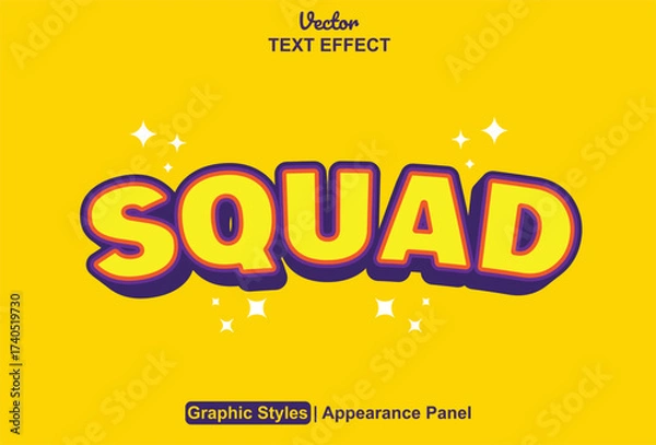 Fototapeta squad text effect with 3d style yellow color with yellow background.