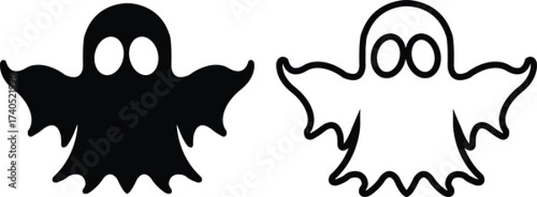 Fototapeta Ghost icon set in black flat and outline styles. Phantom or apparition haunting halloween ghost vectors, spooky ghost symbols, scary monster silhouette, horror cartoon phantom designs illustration.