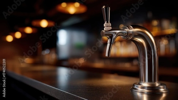 Fototapeta Shiny beer tap on a bar counter with blurred background lights.
