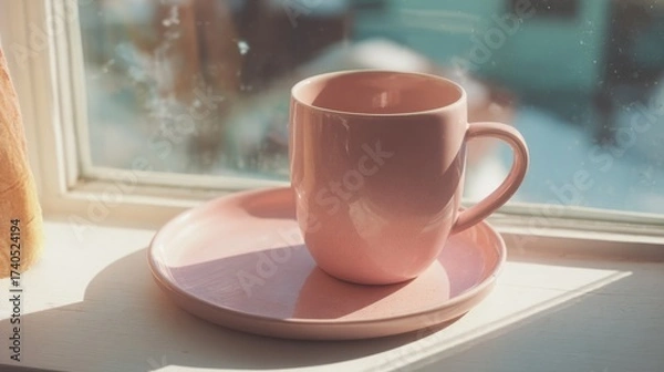 Fototapeta Soft Pink Coffee Mug on Saucer by a Sunlit Window in Morning