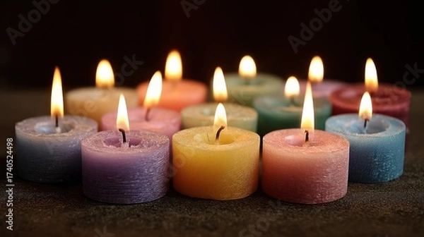 Fototapeta Colorful Candles with Flickering Flames Creating Serene Atmosphere