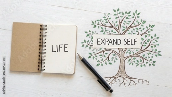 Fototapeta Notebook with the word Life next to a tree illustration symbolizing growth and self-expansion on a wooden surface
